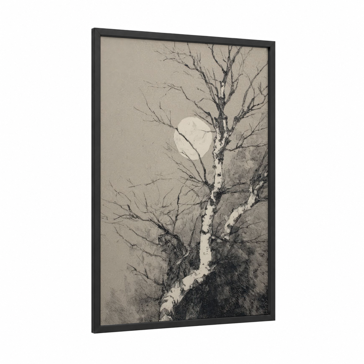 Birch Moon Rise framed birch tree print — black wood frame — black and white and gray palette