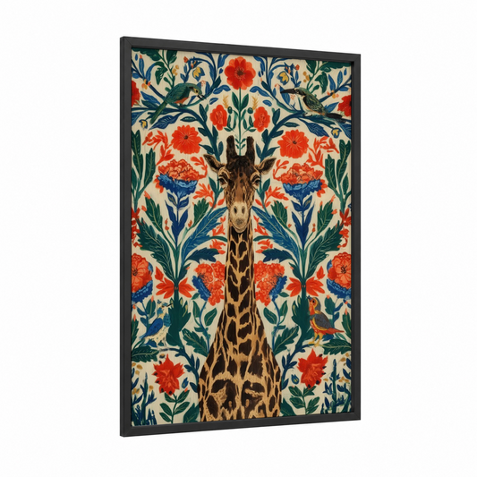 Ornamental Giraffe framed art print — black wood frame — red and dark green palette