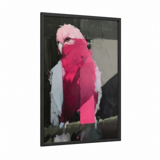 Pink Parrot Portrait framed safari parrots print — black wood frame — magenta and pink palette