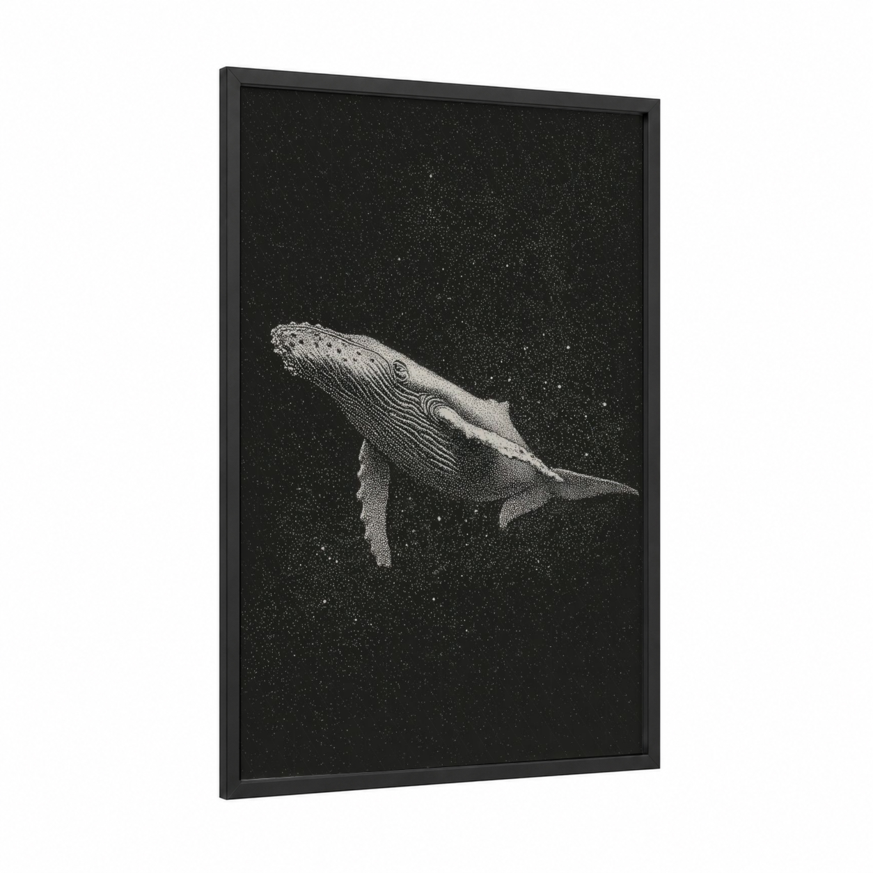 Starlit Humpback framed humpback whale print — black wood frame — black and white palette