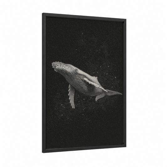 Starlit Humpback framed humpback whale print — black wood frame — black and white palette