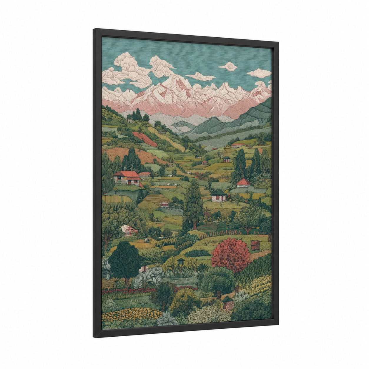 Alpine Valley Panorama framed himalayas print — black wood frame — teal and sage green palette