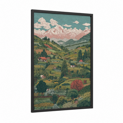 Alpine Valley Panorama framed himalayas print — black wood frame — teal and sage green palette