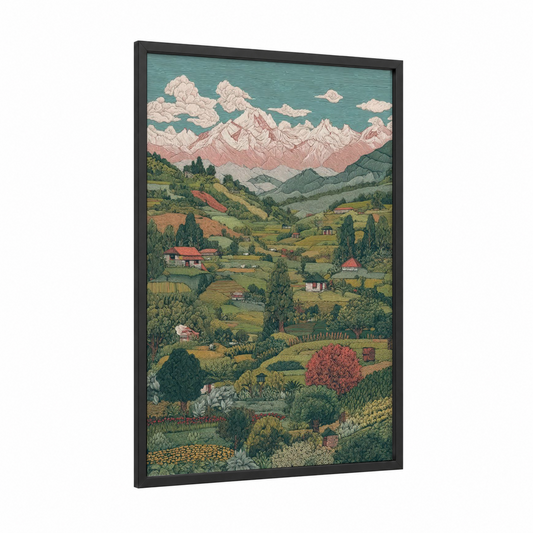 Alpine Valley Panorama framed himalayas print — black wood frame — teal and sage green palette
