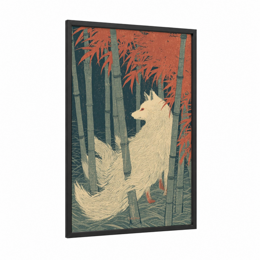 Mystical Fox framed fairytale print — black wood frame — orange and teal palette