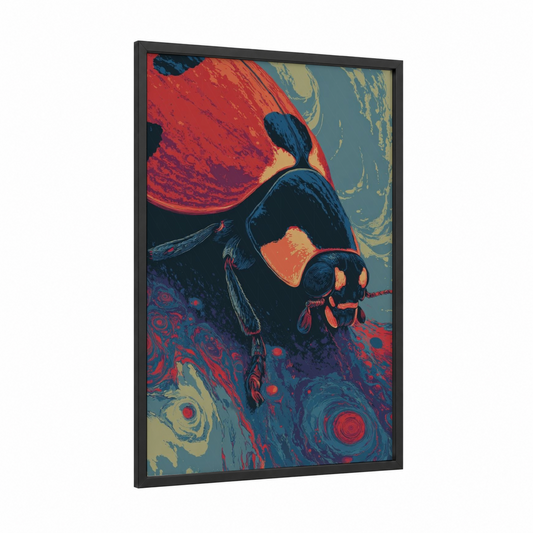 Crimson Ladybug framed art print — black wood frame — red and blue palette