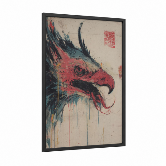 Crimson Griffin framed art print — black wood frame — red and teal palette