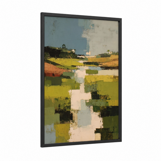 Patchwork Vineyards framed art print — black wood frame — yellow gold and true green palette