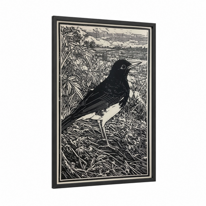 Wetland Thrush framed art print — black wood frame — black and white palette