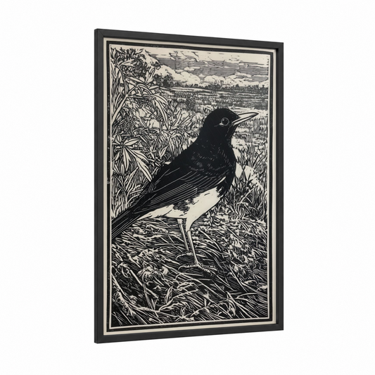 Wetland Thrush framed art print — black wood frame — black and white palette