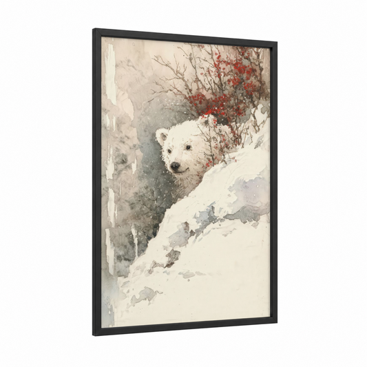 Snowy Polar Bear framed art print — black wood frame — white and gray palette