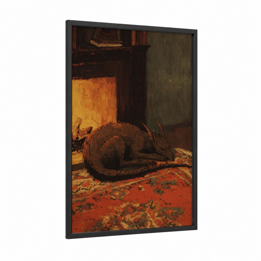 Sleeping Griffin framed art print — black wood frame — russet and gold palette