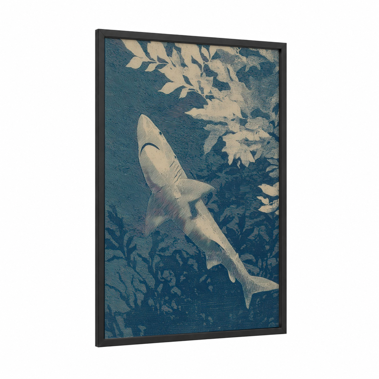 Graceful Blue Shark framed art print — black wood frame — dark blue and cream palette