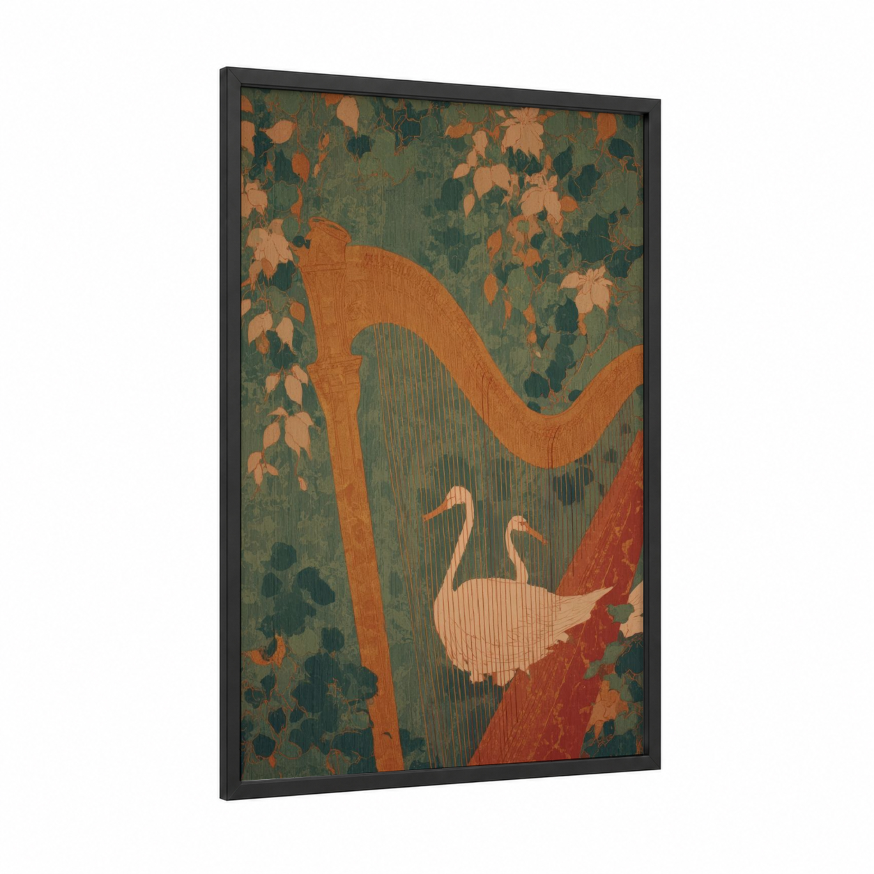 Autumn Harp framed art print — black wood frame — orange and dark green palette