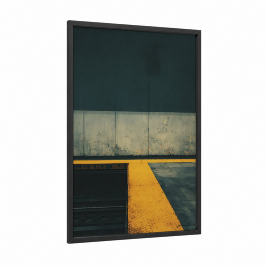 Urban Subway Platform framed art print — black wood frame — gray and yellow gold palette