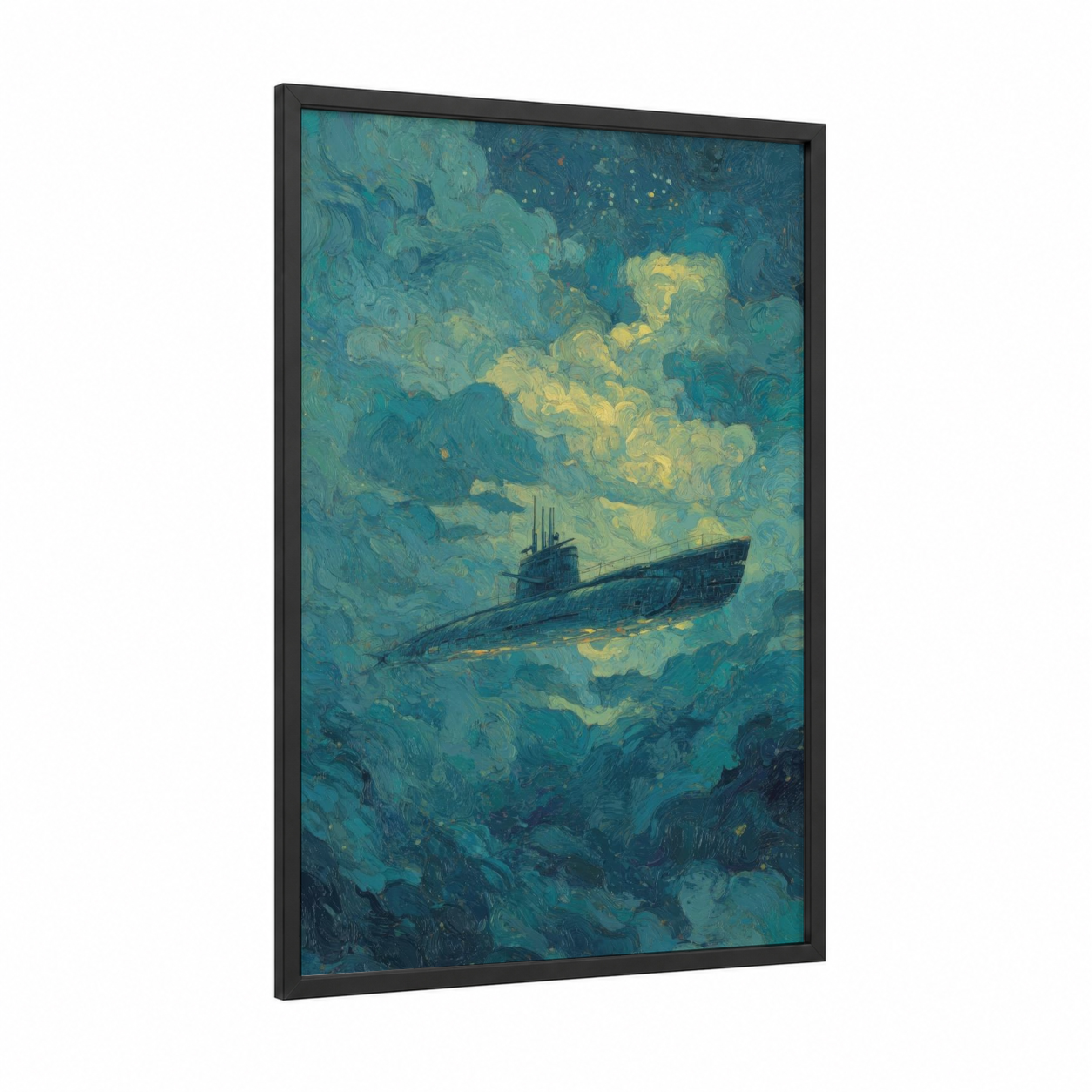 Abyssal Submarine framed art print — black wood frame — teal and gold palette