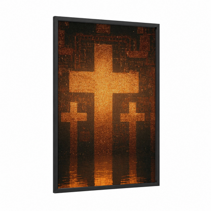 Golden Cross Light framed christian symbols print — black wood frame — gold and russet palette