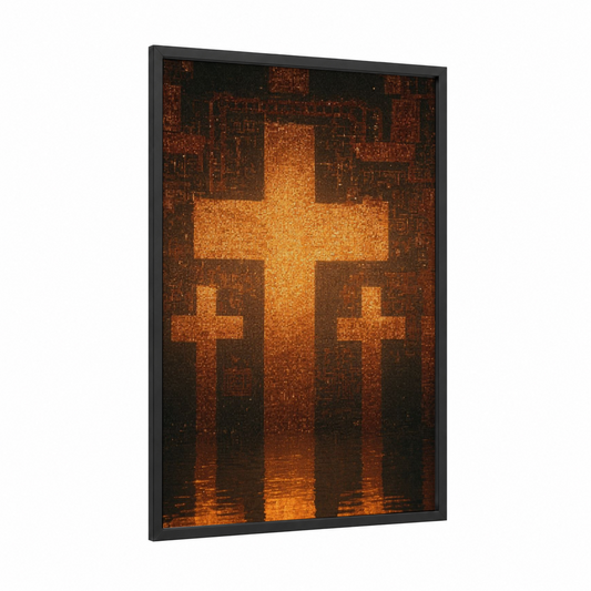 Golden Cross Light framed christian symbols print — black wood frame — gold and russet palette