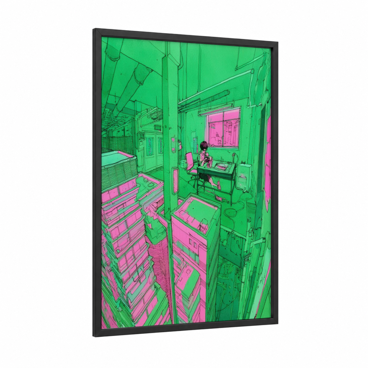 Neon Server Room framed abstract architecture print — black wood frame — true green and magenta palette
