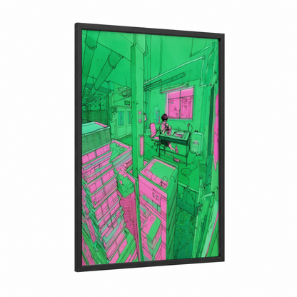 Neon Server Room framed abstract architecture print — black wood frame — true green and magenta palette
