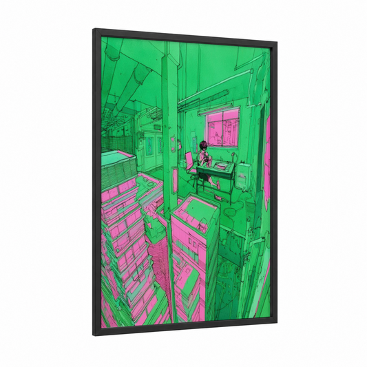 Neon Server Room framed abstract architecture print — black wood frame — true green and magenta palette