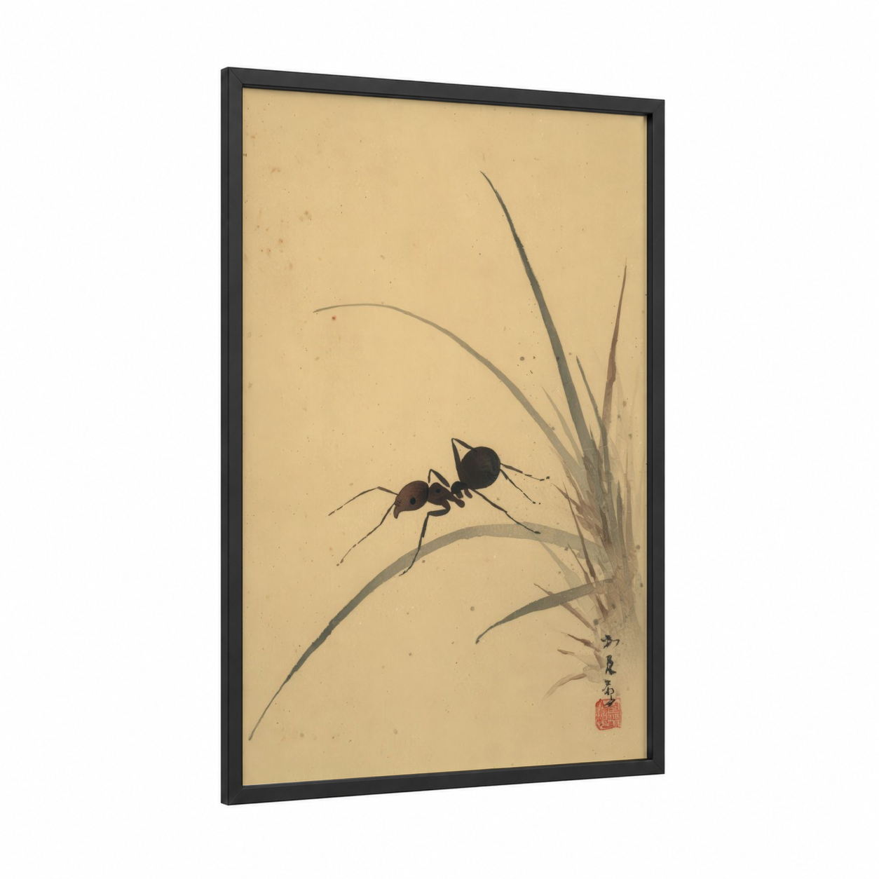 Industrious Ant framed art print — black wood frame — beige and dove gray palette