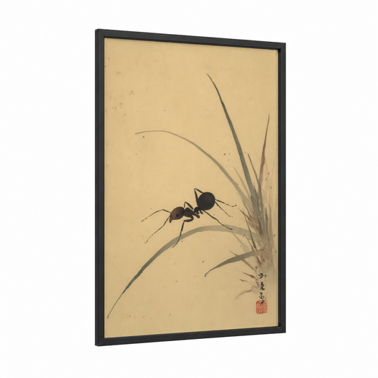 Industrious Ant framed art print — black wood frame — beige and dove gray palette