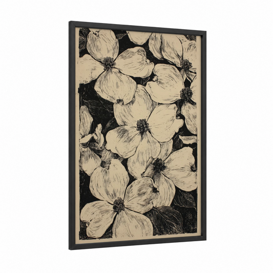 Cream Dogwood Blooms framed art print — black wood frame — black and white and cream palette