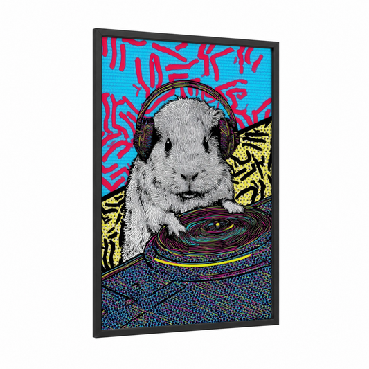 DJ Guinea Pig framed art print — black wood frame — blue and magenta palette