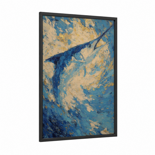 Marlin Game Fish framed blue marlin print — black wood frame — blue and gold palette