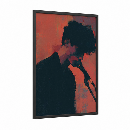 Silhouette Musician framed art print — black wood frame — red and black and red palette