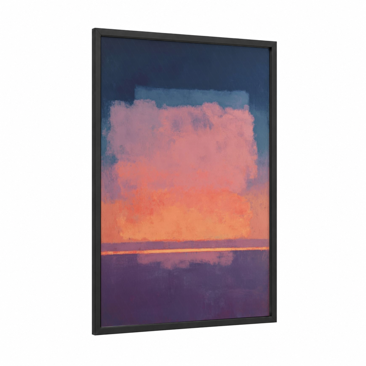 Twilight Gradient framed abstract expressionism print — black wood frame — salmon pink and dark blue palette