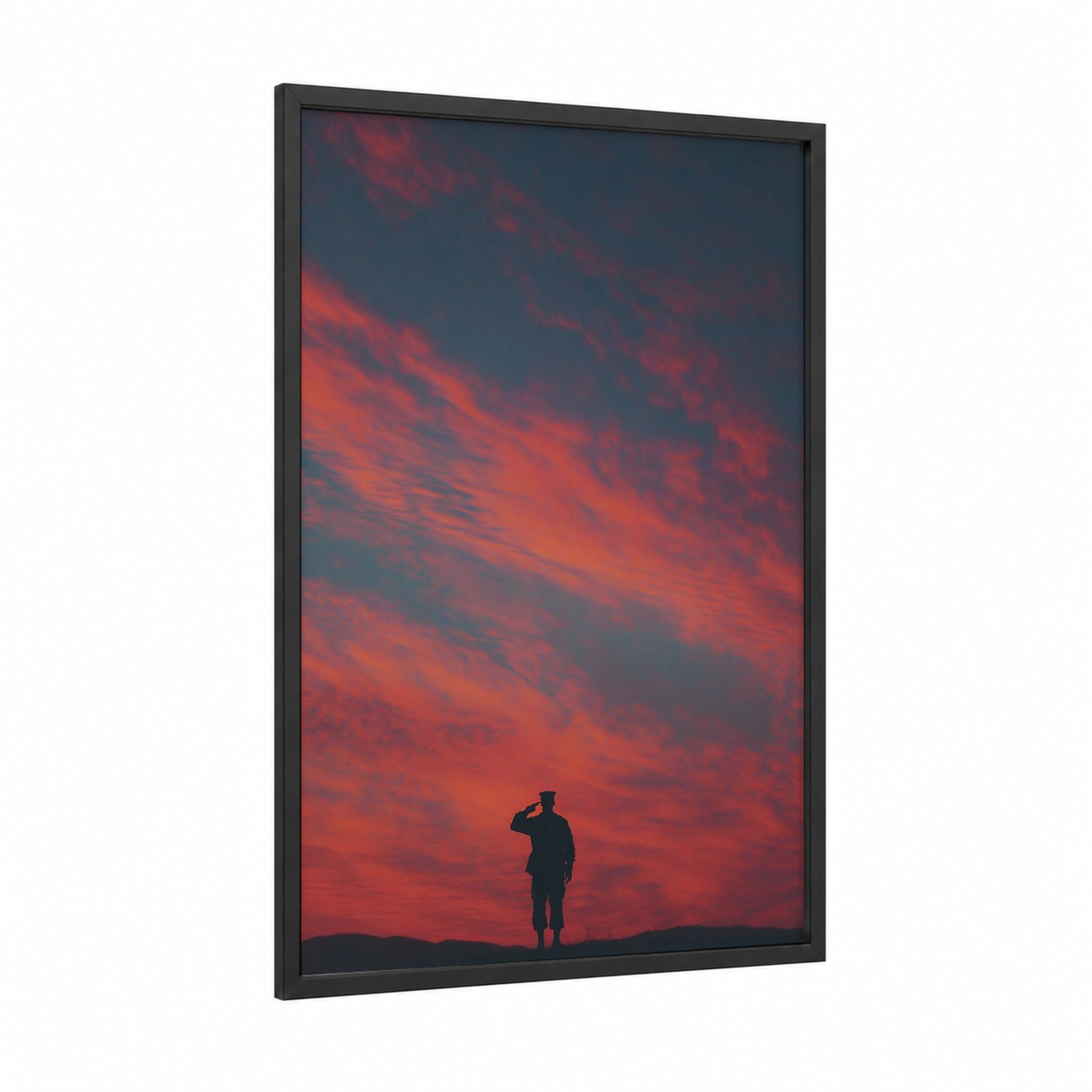 Sunset Salute framed veterans day print — black wood frame — red and orange palette