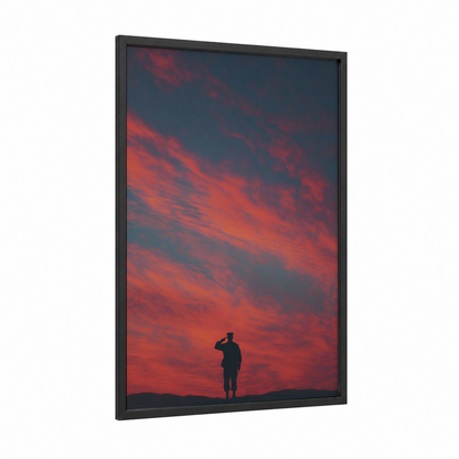 Sunset Salute framed veterans day print — black wood frame — red and orange palette