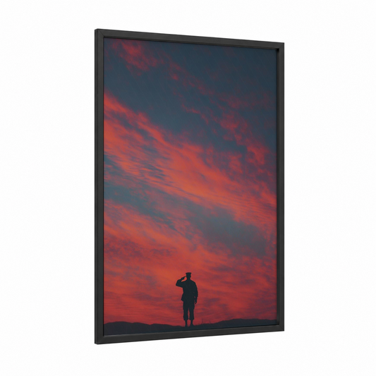 Sunset Salute framed veterans day print — black wood frame — red and orange palette