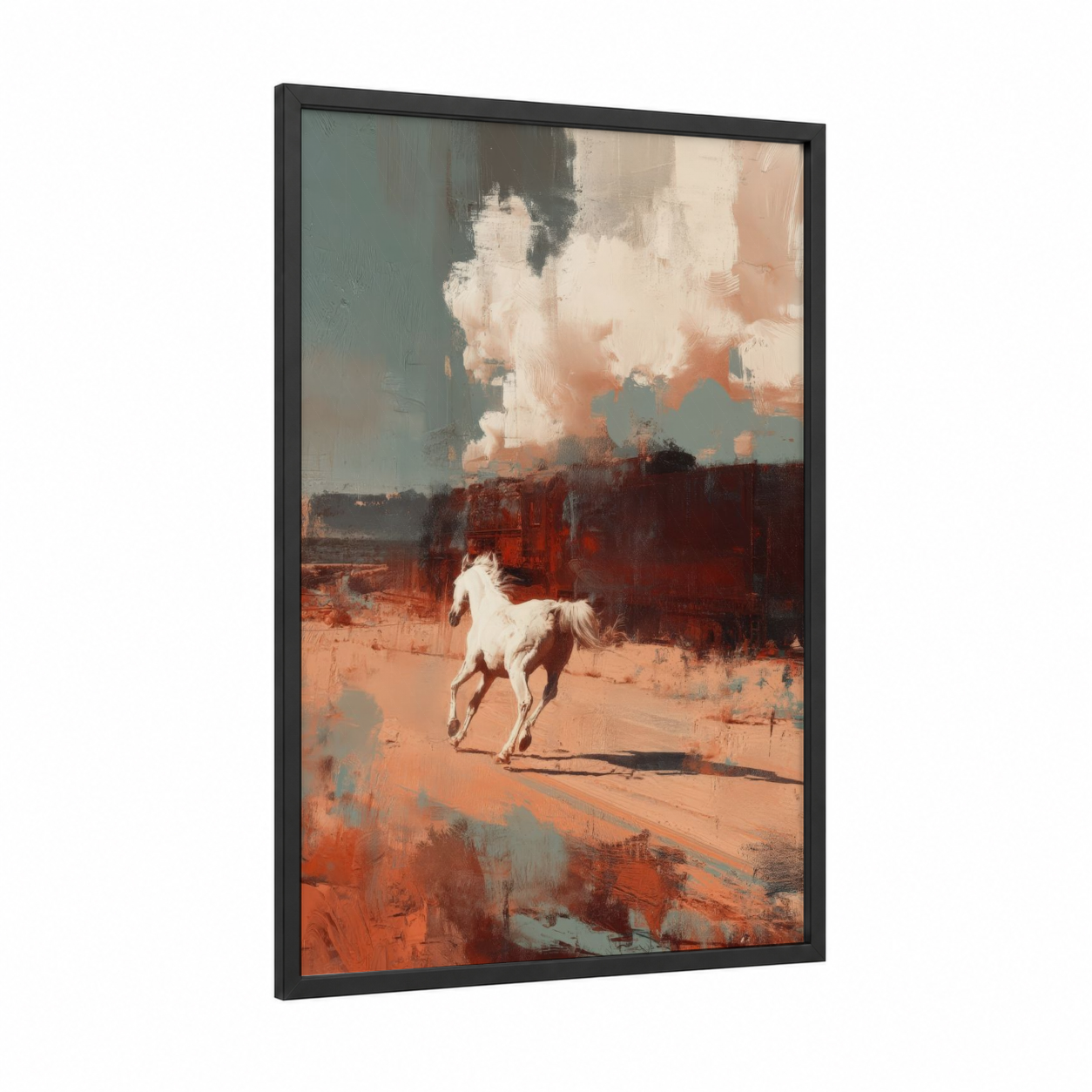 Desert Arabian framed arabian horse print — black wood frame — peach and teal palette