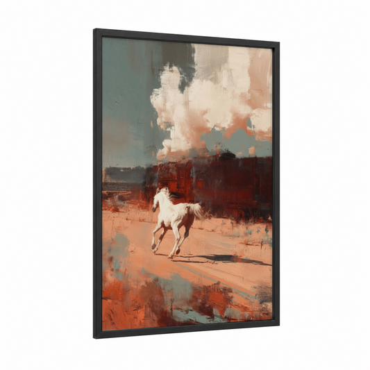Desert Arabian framed arabian horse print — black wood frame — peach and teal palette
