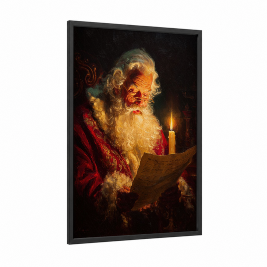 Santa's List framed christmas print — black wood frame — gold and red palette