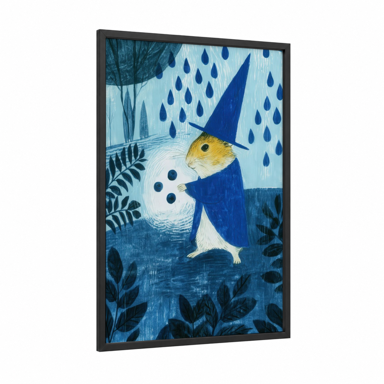 Wizard Hamster framed art print — black wood frame — blue and white palette