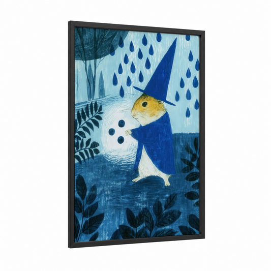 Wizard Hamster framed art print — black wood frame — blue and white palette