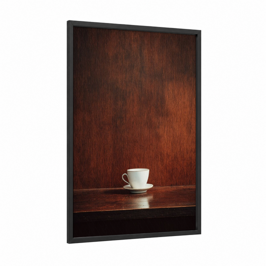 Minimalist Coffee Moment framed art print — black wood frame — brown and white palette