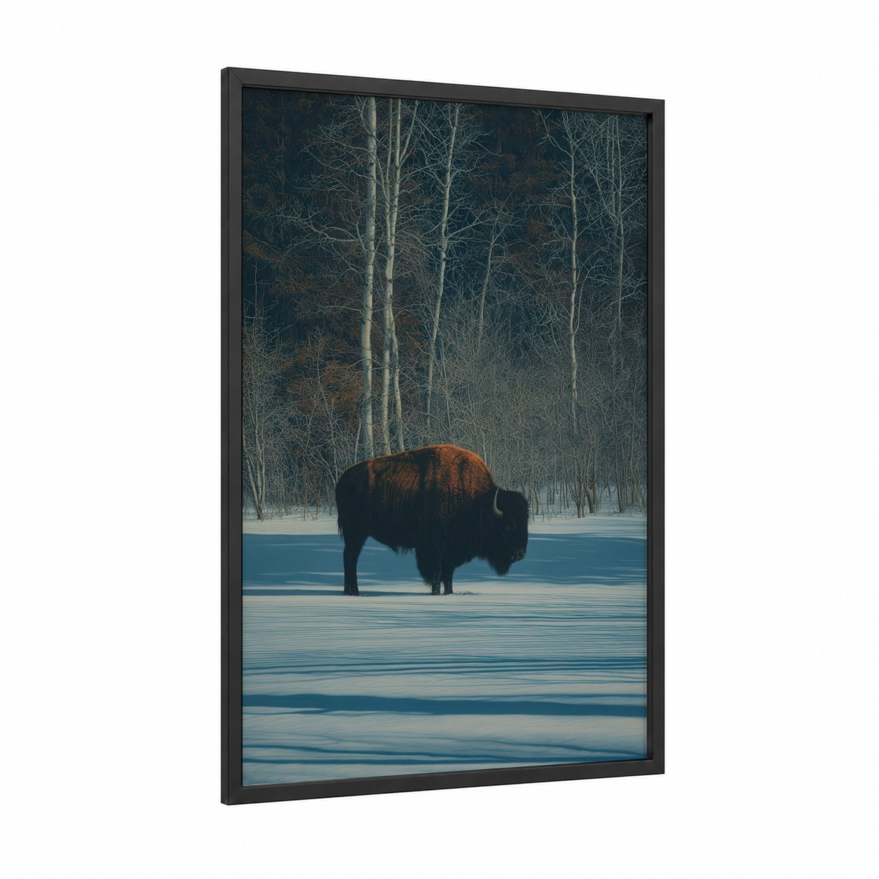 Snowy Bison framed art print — black wood frame — blue and white palette