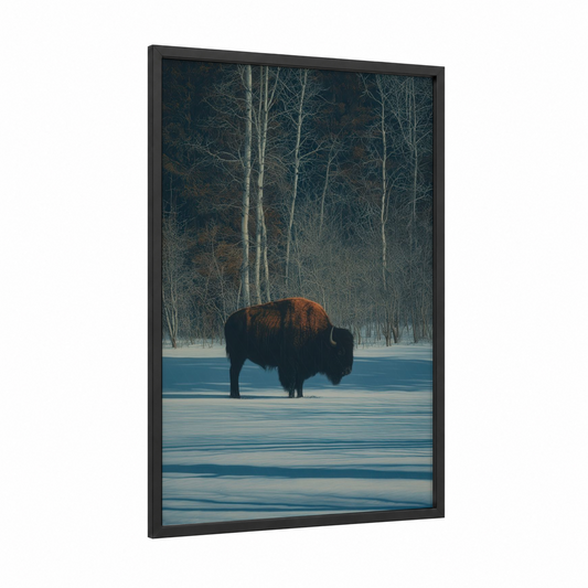 Snowy Bison framed art print — black wood frame — blue and white palette