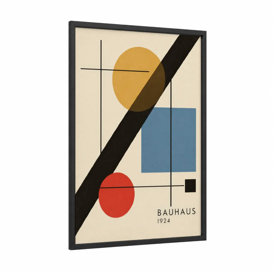 Bauhaus Geometric Abstract Wall Art framed abstract geometric print — black wood frame — beige and blue palette