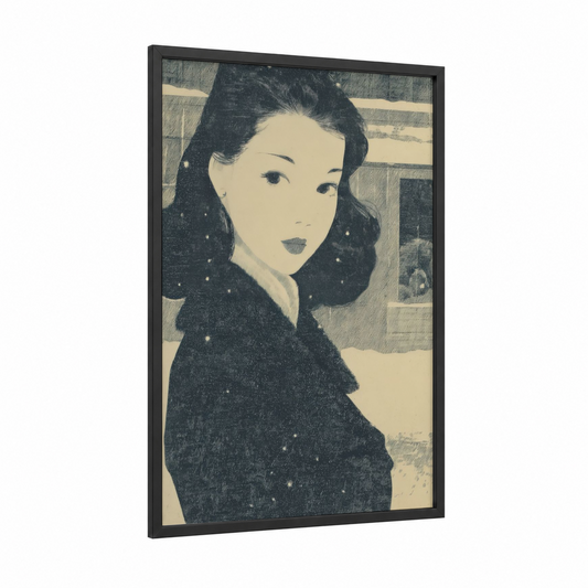 Vintage Portrait Woman framed retro fashion print — black wood frame — black and white and cream palette