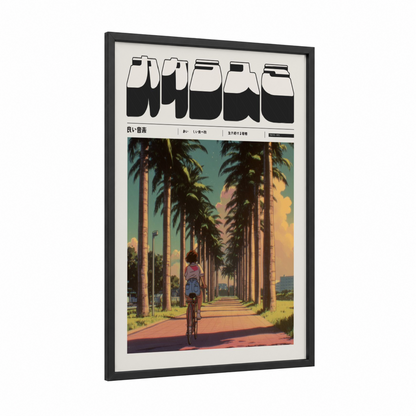 Palm Avenue Cyclist framed anime and manga print — black wood frame — yellow gold and teal palette