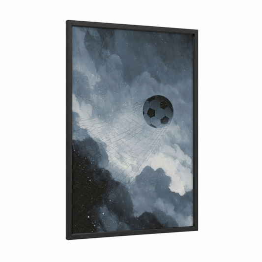 Celestial Soccer Goal framed art print — black wood frame — blue and white and gray palette