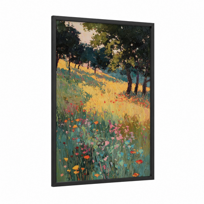 Golden Summer Meadow framed art print — black wood frame — gold and green palette