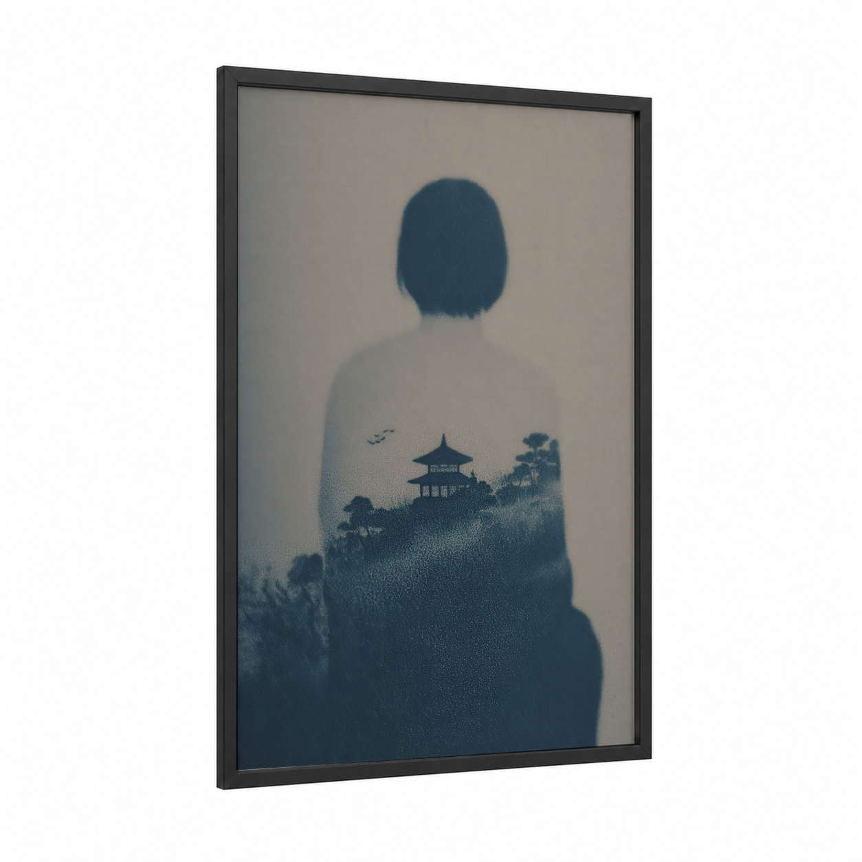 Contemplative Silhouette framed body art print — black wood frame — dark blue and gray and white palette