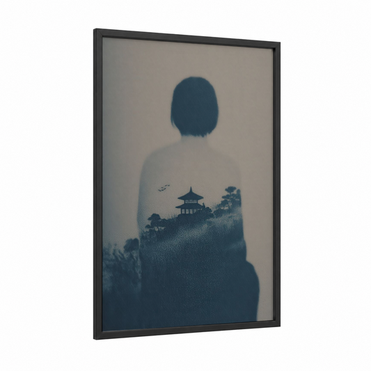 Contemplative Silhouette framed body art print — black wood frame — dark blue and gray and white palette